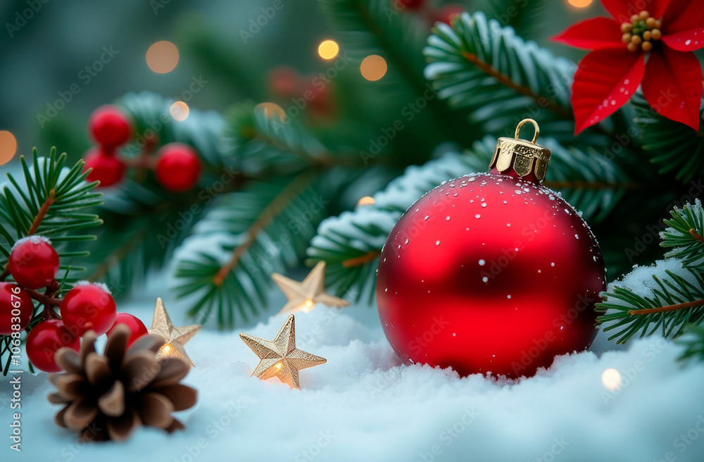 Fir branches, red ball, berries and cones on a festive winter background. Postcard. Place for text Fir branches, red ball, berries and cones on a festive winter background. Postcard. Place for text