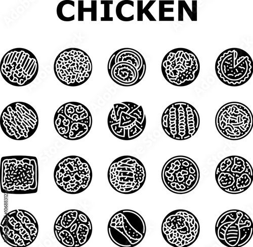 chicken dishes roast grilled icons set vector. fried baked, barbecue teriyaki, curry, casserole parmesan, piccata marsala, tandoori chicken dishes roast grilled glyph pictogram Illustrations