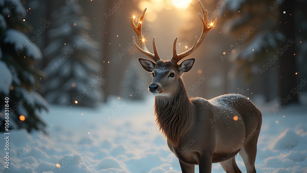 A beautiful deer with glowing antlers is proudly standing in the snow A beautiful deer with glowing antlers is proudly standing in the snow