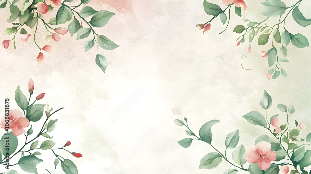 Delicate Floral Frame with Leaves and Blossoms on Soft Watercolor Background Concept Delicate Floral Frame with Leaves and Blossoms on Soft Watercolor Background Concept
