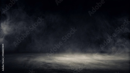 An empty studio room with a grunge concrete floor, smoke billowing from the walls, creating a mysterious atmosphere.