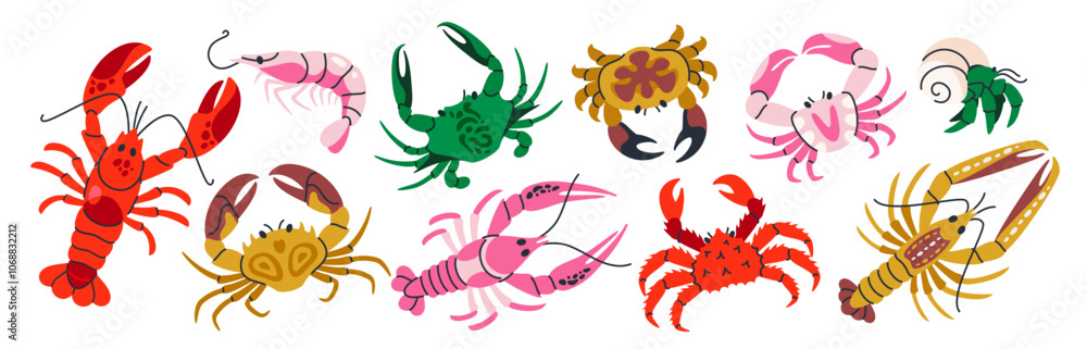 Set crabs and lobsters. Stickers or icons with sea inhabitants, seafood or arthropods. Design for cafe or restaurant menu. Cartoon flat vector illustration collection isolated on white background Set crabs and lobsters. Stickers or icons with sea inhabitants, seafood or arthropods. Design for cafe or restaurant menu. Cartoon flat vector illustration collection isolated on white background