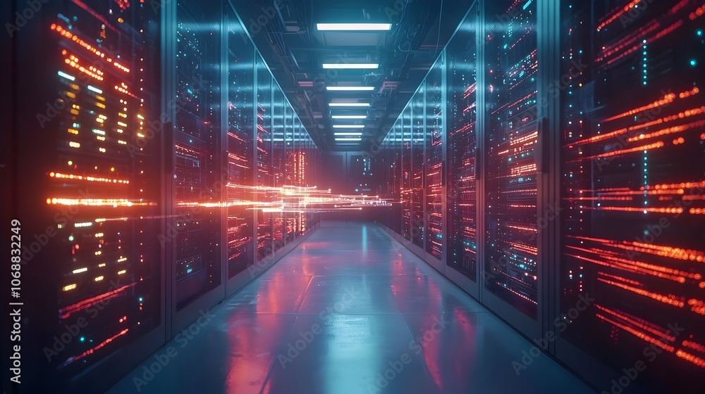 Glowing Racks of a Massive Futuristic Data Server Farm Symbolizing Immense Processing Power Glowing Racks of a Massive Futuristic Data Server Farm Symbolizing Immense Processing Power