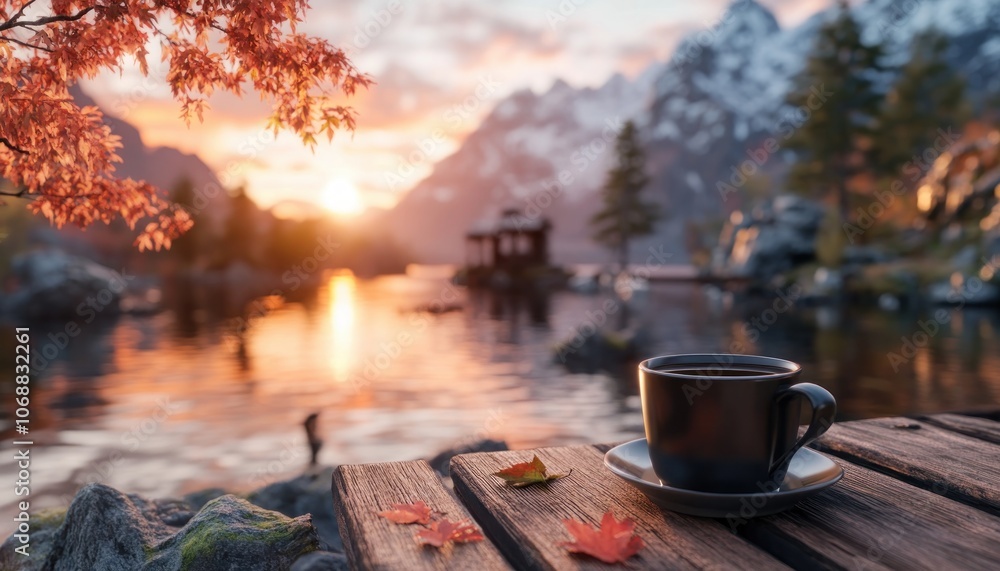 Peaceful Morning Coffee with Serene Sunrise Views Cozy Cabin Escape by the Lake, Warm Autumn Colors, Mountains, Tranquility, Nature Photography Peaceful Morning Coffee with Serene Sunrise Views Cozy Cabin Escape by the Lake, Warm Autumn Colors, Mountains, Tranquility, Nature Photography