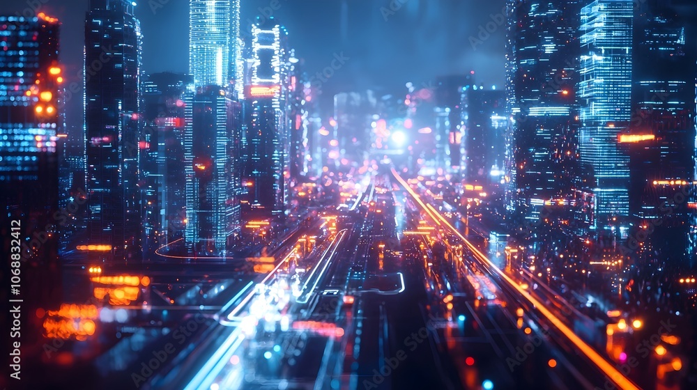 Fototapeta premium Futuristic Illuminated City with Seamless AI Powered Infrastructure and Transportation