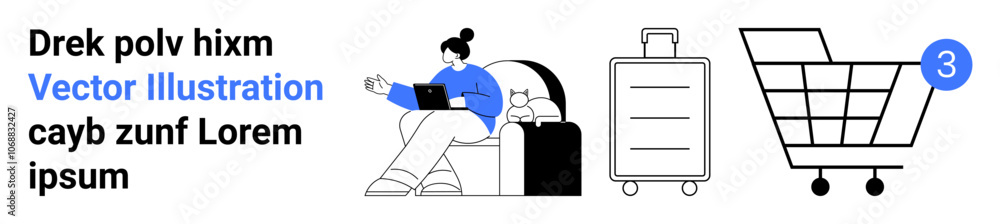 Woman seated on couch working on laptop, suitcase, shopping cart with notification dot. Ideal for productivity, travel, shopping, online business, notifications, digital marketing, lifestyle. Landing Woman seated on couch working on laptop, suitcase, shopping cart with notification dot. Ideal for productivity, travel, shopping, online business, notifications, digital marketing, lifestyle. Landing