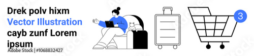 Woman seated on couch working on laptop, suitcase, shopping cart with notification dot. Ideal for productivity, travel, shopping, online business, notifications, digital marketing, lifestyle. Landing