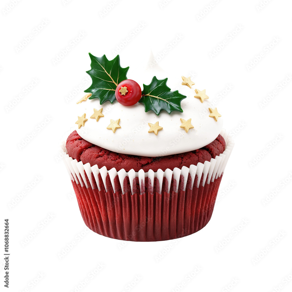 Red cupcake with white frosting and gold stars on top on transparent background Red cupcake with white frosting and gold stars on top on transparent background