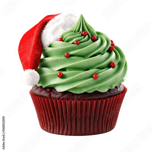 A red Christmas hat sits atop a green cupcake with red sprinkles on transparent background