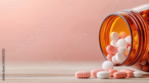 A brown glass container tips over with various colored tablets spilling out on a wooden surface, against a calming peach background indicating wellness and security. photo