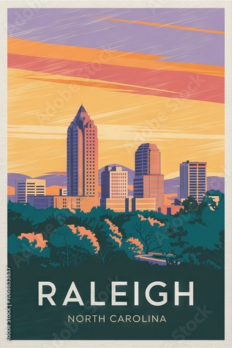Vintage Travel Poster: Stunning Raleigh, North Carolina Skyline at Sunset, Art Deco Style Illustration, Nostalgic Travel Inspiration for Explore Lovers