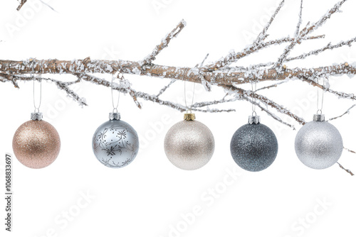 Silver  Gold and Pink Christmas Ornaments on Snowy Branch  on transparent background