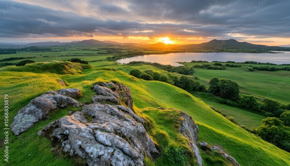 Stunning Sunrise Over Lush Green Landscape with Serene Lake and Rolling Hills, A Breathtaking Start to the Day Stunning Sunrise Over Lush Green Landscape with Serene Lake and Rolling Hills, A Breathtaking Start to the Day