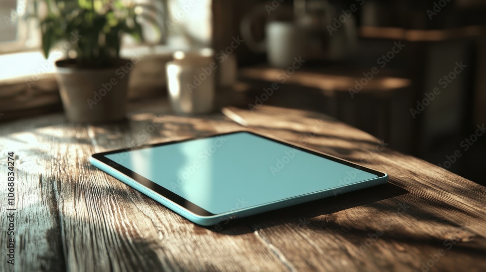 The Tablet on Wooden Table The Tablet on Wooden Table
