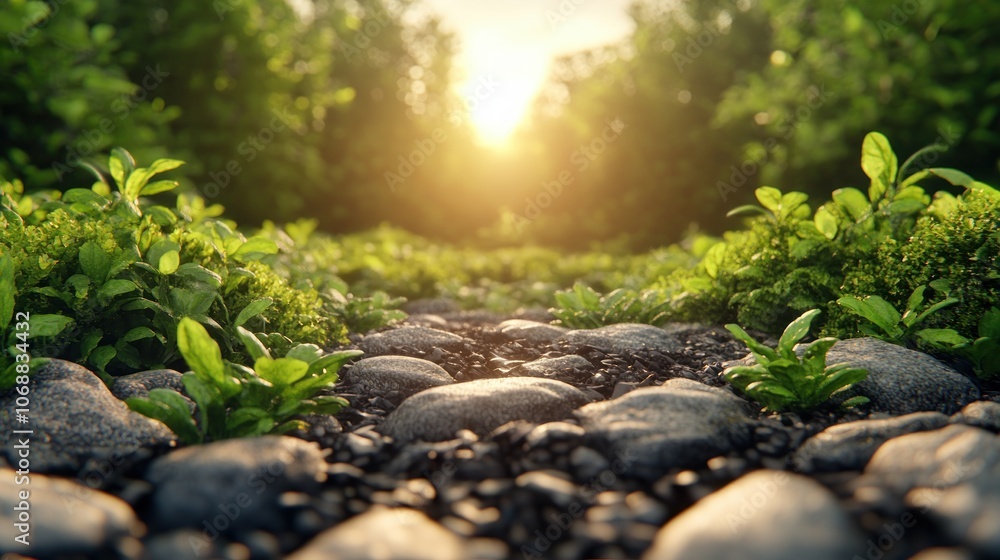 Obraz premium Tranquil Morning Light at Sunrise Embracing the Serene Glow of a Fresh Day's Beginning with Tranquility, Peace, and Relaxation in Nature's Embrace, Perfect for Mindful Reflections
