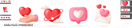 3d Heart icons set. Colorful emoji with hand give heart, love letter, like symbol and romantic sign. Design element for social networks. Realistic vector illustration collection in plasticine style
