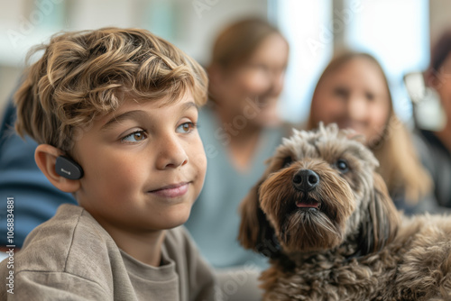 A young boy with a hearing aid sits comfortably with his loyal dog, capturing the bond of companionship and support in a warm, family-centered environment.
