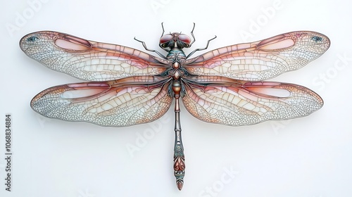 Stylized dragonfly in Art Nouveau style, delicate wings, intricate patterns, and soft color palette photo