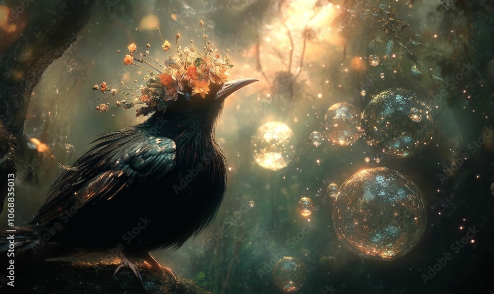 Obraz premium A bird with a flower crown in a fantasy forest.