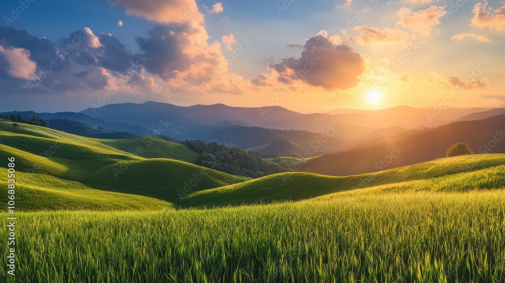 Obraz premium Idyllic Sunset Over Rolling Green Hills and Valleys, Illuminating the Peaceful Countryside with a Warm Glow and Creating a Serene, Picturesque Landscape Under a Cloudy Sky