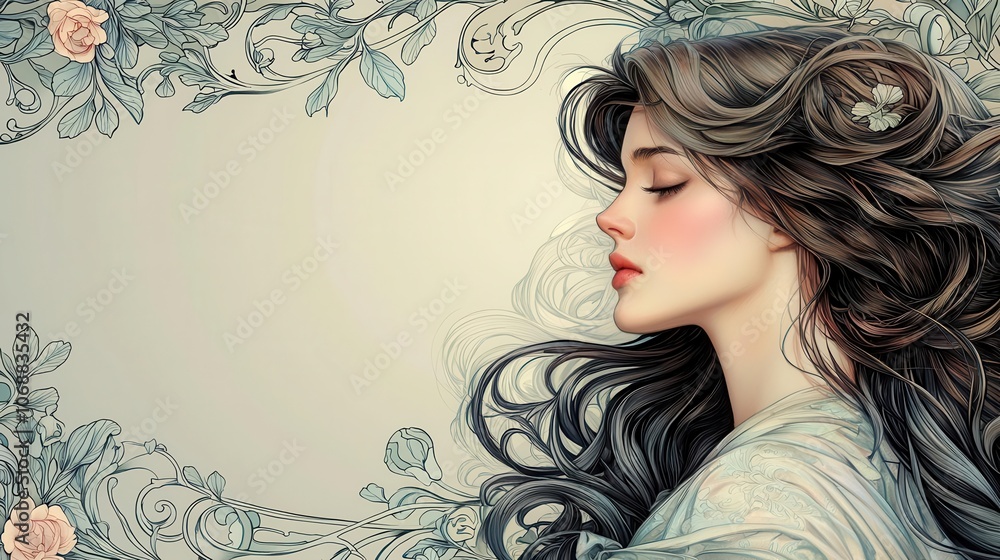 Woman with flowing hair, framed by Art Nouveau floral designs, soft colors and detailed line work Woman with flowing hair, framed by Art Nouveau floral designs, soft colors and detailed line work