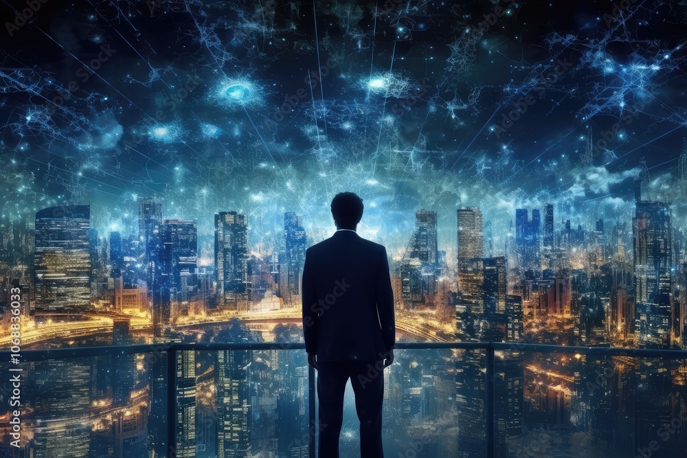 Man Gazing at Futuristic Cityscape Man Gazing at Futuristic Cityscape