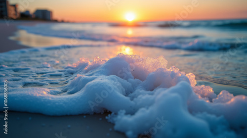 Macro Shallow Depth of Field Image of Seam Foam and Waves on the Beach at Sunset