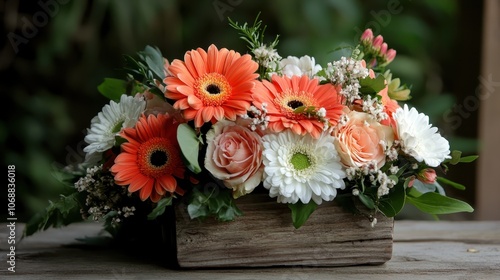 A delightful arrangement of gerberas and roses placed in a rustic wooden box featuring vibrant hues of orange, white, and pink set against a blurred greenery backdrop.