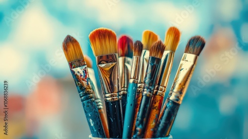 Collection of paintbrushes in a rustic jar against a vibrant abstract background, capturing the essence of artistic creativity, perfect for themes of art, craft, and inspiration