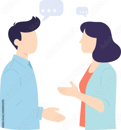 The illustration shows two figures, a man and a woman Engaged in conversation. The concept of the illustration is communication and interaction between two people.