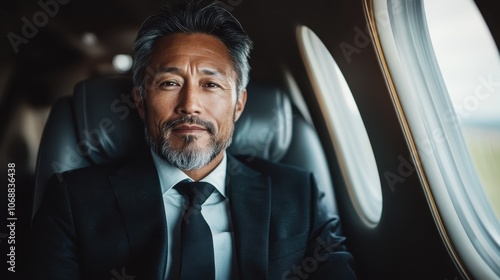 This photo captures a businessman's calm demeanor as he sits inside an airplane, embodying a serene, composed mindset during an international business journey.