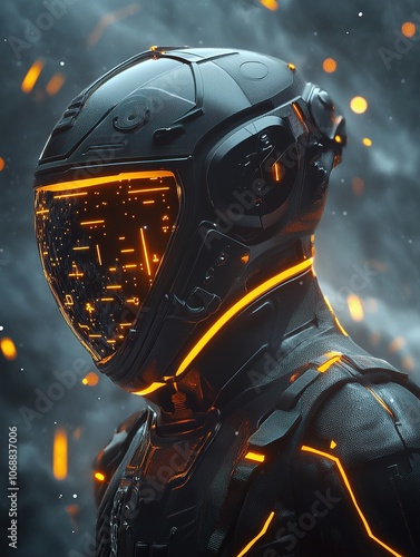 Futuristic robot with glowing lights in neon digital setting.