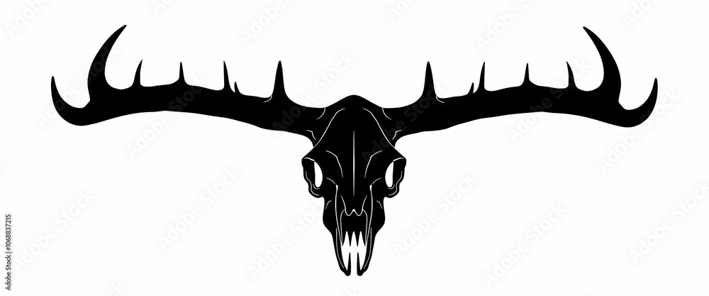 Fototapeta premium Stylized black moose skull illustration with antlers on a white background