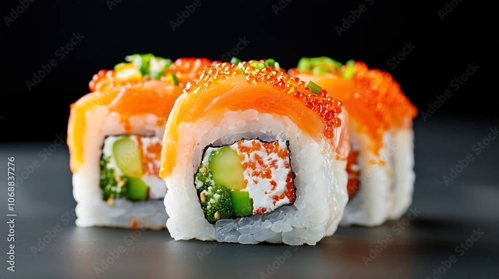 Uramaki sushi with a lot of filling. Tasty sushi rolls on dark background. Uramaki sushi with a lot of filling. Tasty sushi rolls on dark background.