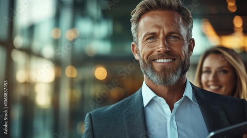 A confident man, clad in a tailored suit, smiles warmly in a contemporary business setting, representing success and charismatic leadership with a dynamic background.