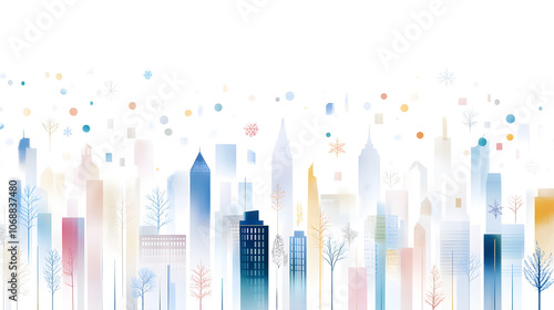 Lively winter city skyline with ice sculptures and colorful decorations