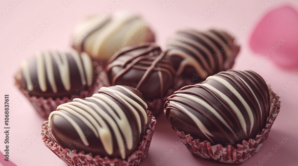 Heart Shaped Chocolate Truffles with White and Dark Chocolate Drizzle on Pink Background Heart Shaped Chocolate Truffles with White and Dark Chocolate Drizzle on Pink Background