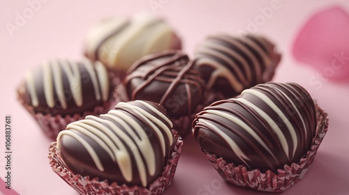 Heart Shaped Chocolate Truffles with White and Dark Chocolate Drizzle on Pink Background