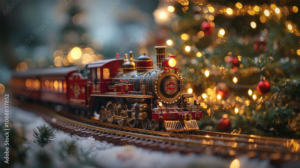 Fototapeta premium festive holiday train set runs around Christmas tree, surrounded by twinkling lights and ornaments, creating warm and joyful atmosphere