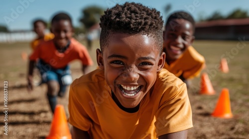 A delighted boy, surrounded by friends, shares a laughter-filled moment on an outdoor field, capturing youthful joy and the essence of carefree play.