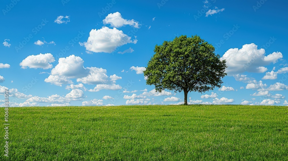 Solitary Tree Standing in a Vast Green Field Under a Bright Blue Sky with Fluffy White Clouds, Capturing the Peaceful Simplicity and Natural Beauty of the Countryside on a Sunny Day Solitary Tree Standing in a Vast Green Field Under a Bright Blue Sky with Fluffy White Clouds, Capturing the Peaceful Simplicity and Natural Beauty of the Countryside on a Sunny Day