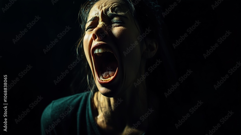 A woman expresses intense emotion by screaming in a dimly lit room, showcasing raw feelings and vulnerability A woman expresses intense emotion by screaming in a dimly lit room, showcasing raw feelings and vulnerability
