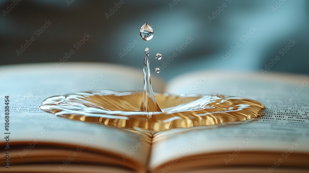 Obraz premium A Single Water Drop Falling on Book Pages Spreading the Ink and Symbolizing the Impact of Small Actions
