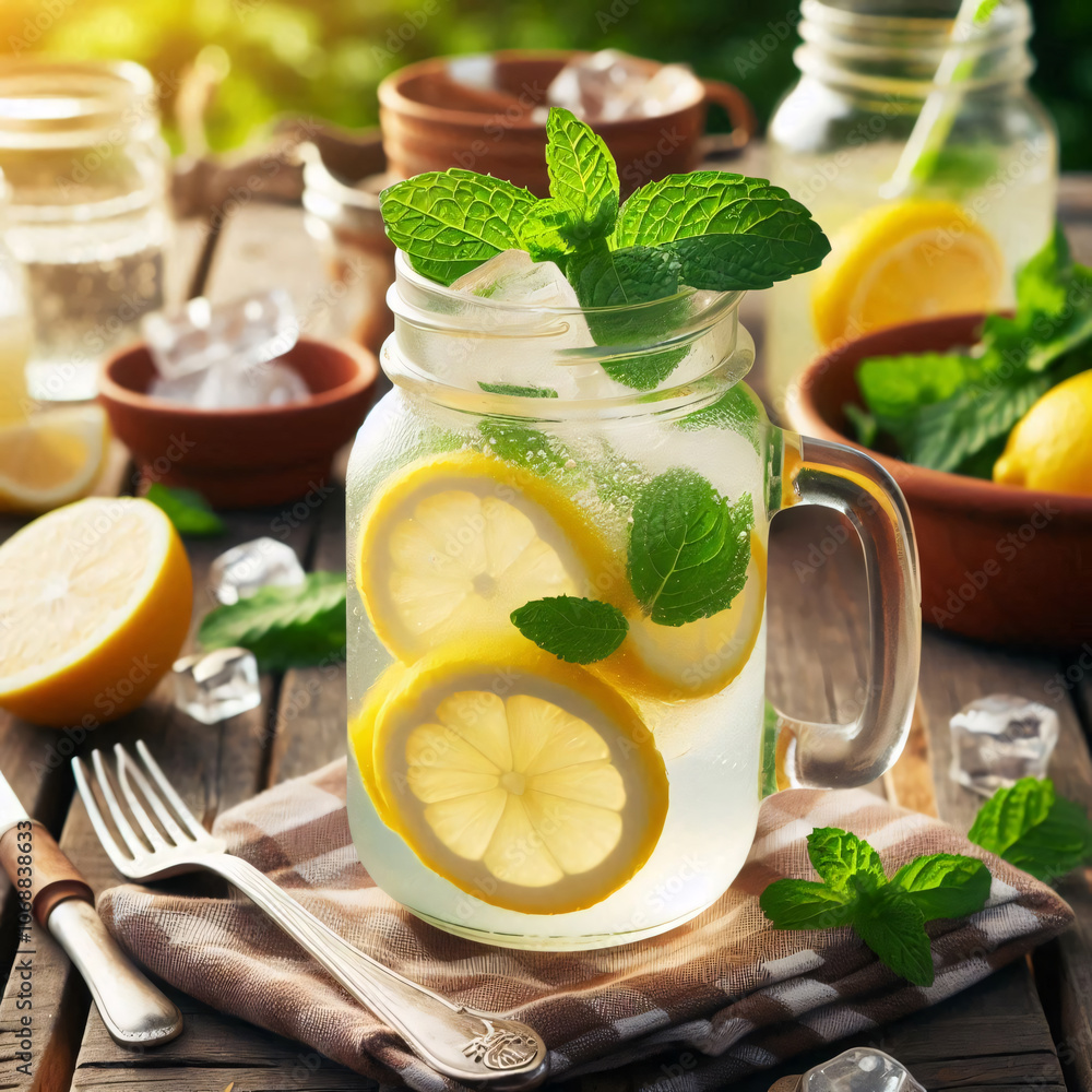 Mason jars filled with refreshing lemonade and garnished with mint Mason jars filled with refreshing lemonade and garnished with mint