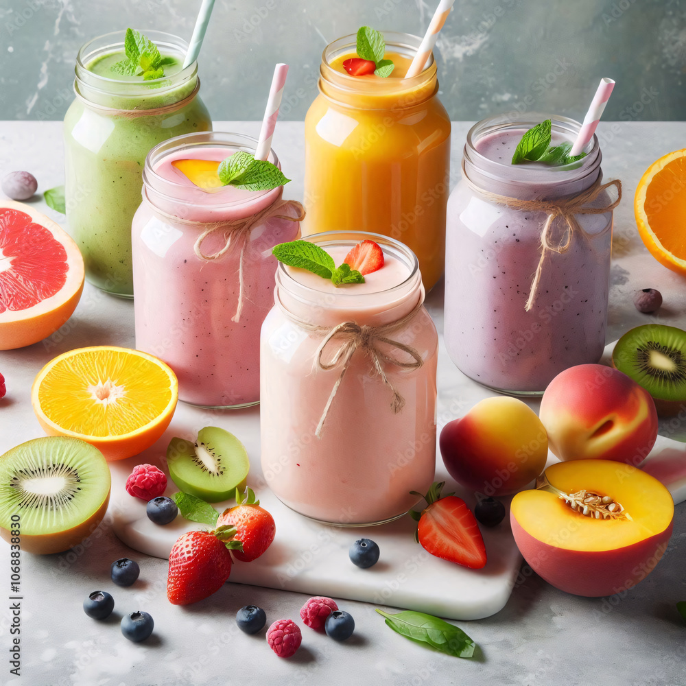 A colorful display of fruit smoothies in mason jars, each with a unique combination of fruits A colorful display of fruit smoothies in mason jars, each with a unique combination of fruits