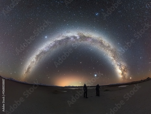 Milky Way arch over desert landscape at night.