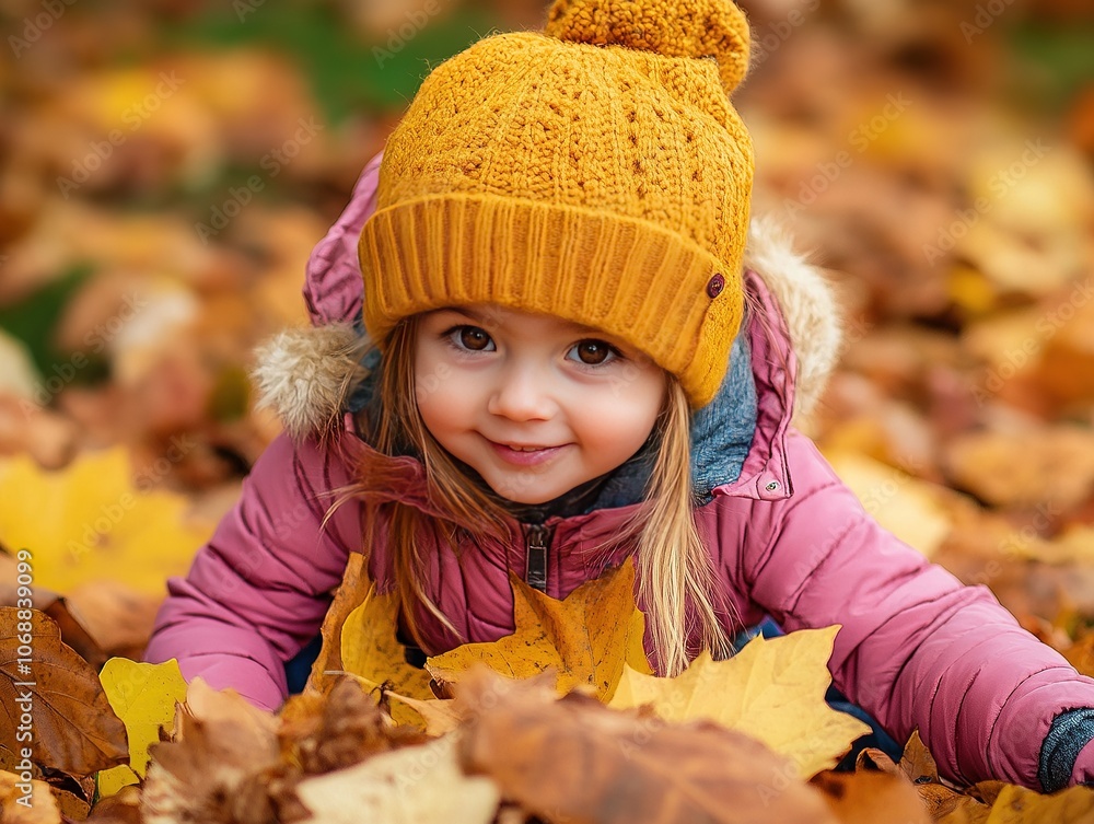 Smiling girl in fall leaves wearing a yellow beanie. Smiling girl in fall leaves wearing a yellow beanie.
