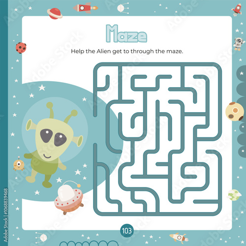 Outer Space Maze game for children. Help Alien find correct path in maze. Vector illustration. Labyrinth quest for kids. Book square format. Page for activity book.