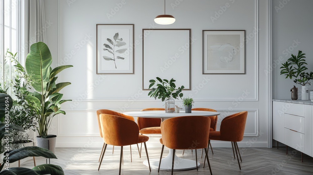 Fototapeta premium Modern kitchen and dining area with stylish orange chairs, natural light, and green plants, creating a cozy and elegant interior ideal for contemporary home and lifestyle themes