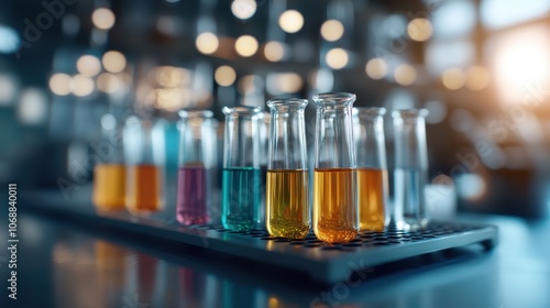 A variety of multicolored test tubes lined up on a laboratory bench, showcasing a vibrant experiment in progress with bubbling liquids under ambient light. photo